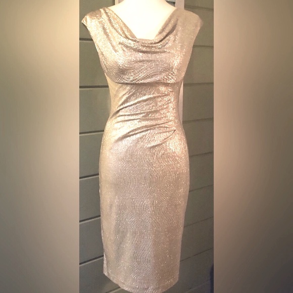 Lauren Ralph metallic white gold ruched & draped Neck Holiday Dress NEW RE$299 S - Picture 12 of 15